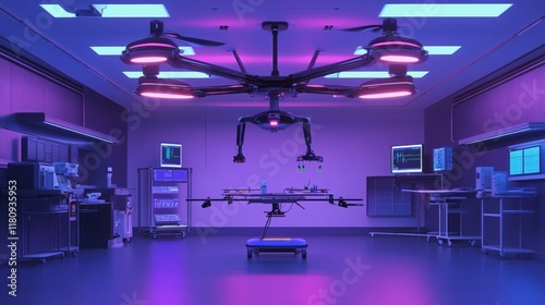 A futuristic medical drone maintenance bay glowing with automated repair stations
