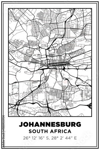Black and white printable Street map art Johannesburg city, South Africa. Travel poster with coordinates, poster design, Modern Poster Wall Art Home Decor Ready to Printable