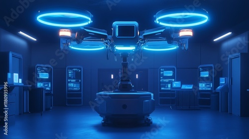 Fototapeta Naklejka Na Ścianę i Meble -  A futuristic medical drone maintenance bay glowing with automated repair stations