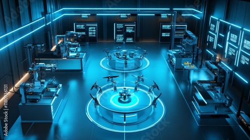 A futuristic medical drone maintenance bay glowing with automated repair stations