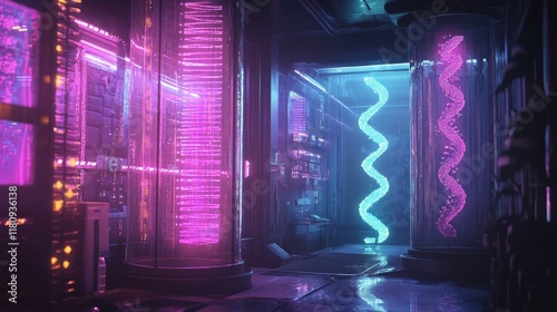 A futuristic genetic modification lab with glowing DNA strands floating in holographic displays