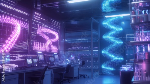 A futuristic genetic modification lab with glowing DNA strands floating in holographic displays