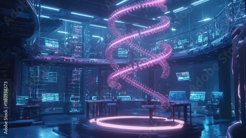 A futuristic genetic modification lab with glowing DNA strands floating in holographic displays