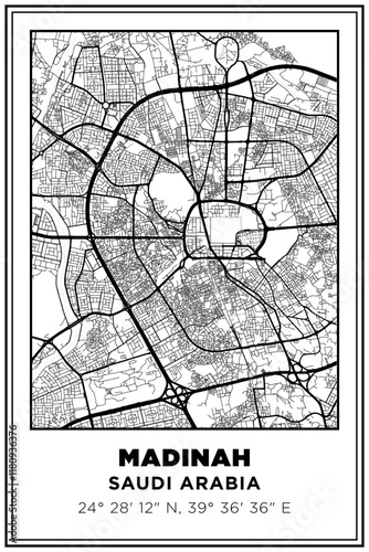Black and white printable Street map art madinah city, saudi arabia. Travel poster with coordinates, poster design, Modern Poster Wall Art Home Decor Ready to Printable