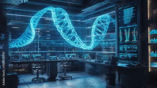 A futuristic genetic modification lab with glowing DNA strands floating in holographic displays