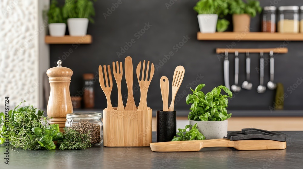 Sustainable Bamboo Kitchen Utensils - A set of sustainable bamboo kitchen utensils including spoons, tongs, and spatulas, arranged on a kitchen counter with fresh herbs Sustainable Bamboo Kitchen Utensils - A set of sustainable bamboo kitchen utensils including spoons, tongs, and spatulas, arranged on a kitchen counter with fresh herbs