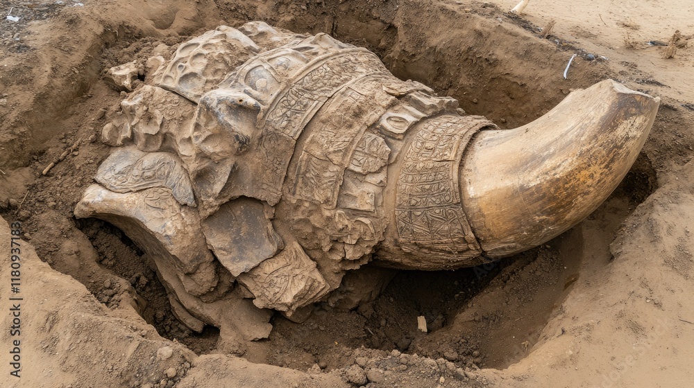 Obraz premium A large, ancient turtle shell partially excavated from the ground.