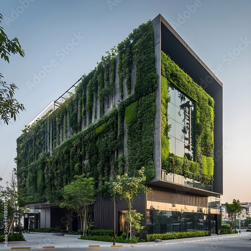 A photo of a modern urban building with vertical gardens covering its façade.