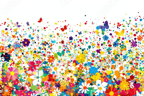Colorful flowers and butterflies create vibrant, whimsical garden scene