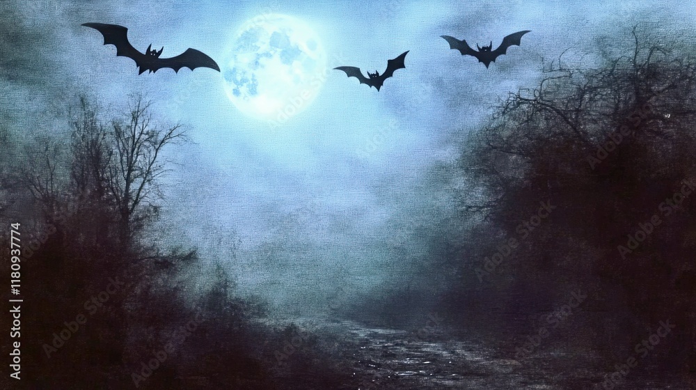Fototapeta premium Eerie silhouette of bats and moon at night. Dark bats fly across the spooky sky under a full moon. Mysterious forest backdrop, atmospheric halloween theme, gothic and creepy style, ideal for scary