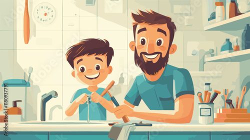 vector father and son teaching his son to fix a dripping bathroom faucet