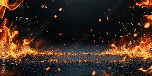 Intense glowing fire background. Blazing flames with orange sparks. Burning inferno, fiery and hot, featuring dramatic style, perfect for abstract template or dynamic bg applications.