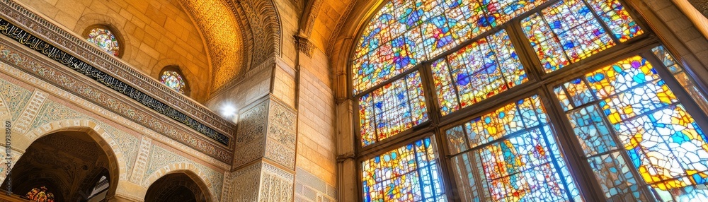 Obraz premium A vibrant stained glass window illuminates a grand architectural interior.