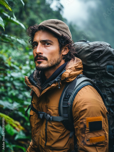 Explorer in Jungle with Backpack
