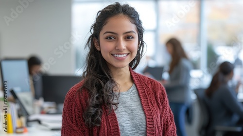 A young Indian woman in an office, wearing casual attire and smiling at the camera while standing next to her desk with team members working behind her.