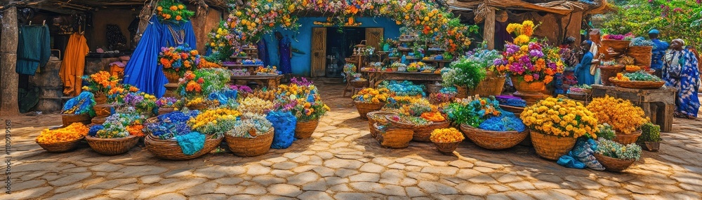 Fototapeta premium Vibrant marketplace filled with colorful flowers and produce in woven baskets.