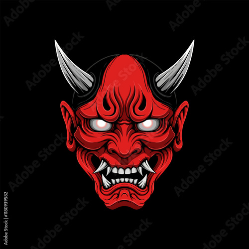 The image showcases a detailed illustration of a menacing red oni mask from Japanese mythology featuring sharp horns and glowing eyes.