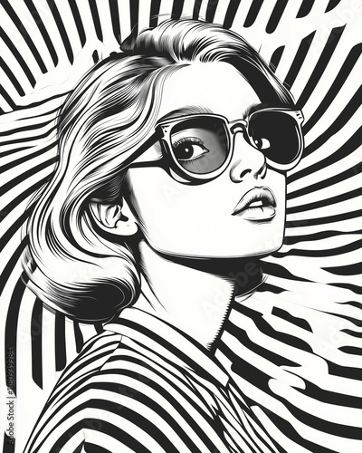 Portrait of a woman. The art style is an illustration with simple lines, combining pop art and line art. Clean, black-and-white graphic linework with bold contours