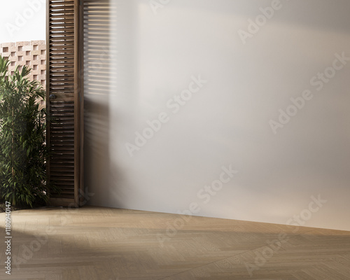 Empty room with herringbone wood flooring, wooden shutters, and sunlight casting soft patterns on neutral walls. 3D rendering