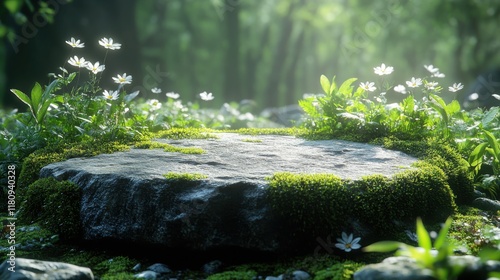 Round stone platform in the forest surrounded by moss and wild flowers, outdoor platform for product display, green theme