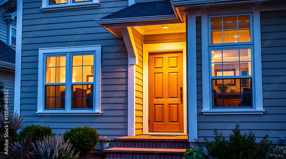Nighttime Exterior View of a Residence with Illuminated Windows and Door Nighttime Exterior View of a Residence with Illuminated Windows and Door