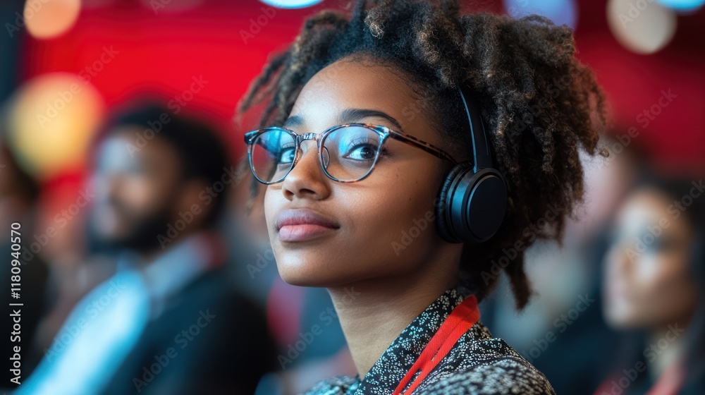 Fototapeta premium Conference attendee listens intently, headphones on, audience blurred