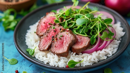 Beef and white rice salad with micro greens, red onion and pink. photo