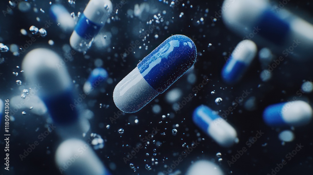 Blue capsules falling, water background, healthcare, medical advertising Blue capsules falling, water background, healthcare, medical advertising