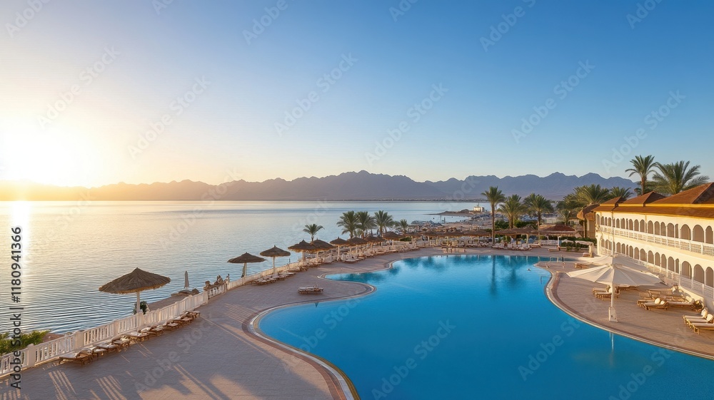 Luxurious seaside view captured from a wide angle on a bright and sunny summer day. Luxurious seaside view captured from a wide angle on a bright and sunny summer day.