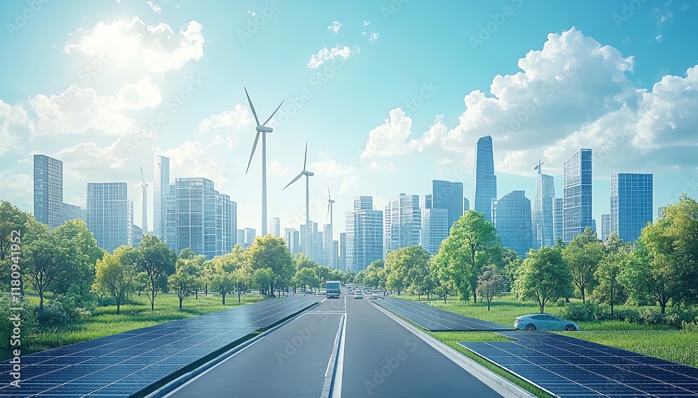 Fototapeta premium Clean energy future city, wind turbines, solar panels on rooftops, electric vehicles on city streets, sustainable urban living concept