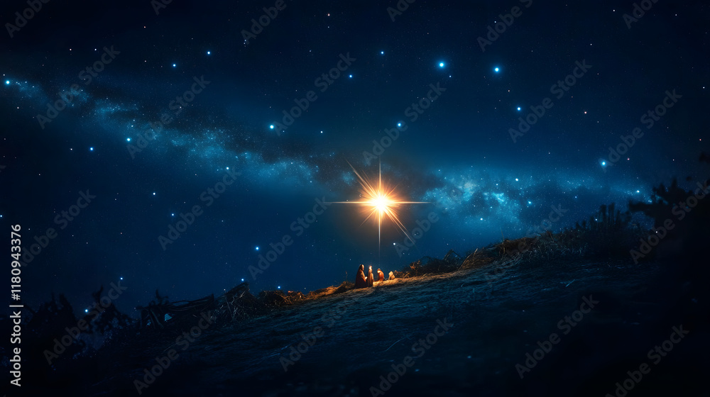 Bright shining Star of Bethlehem on dark blue starry night sky. Star of Jesus, Christmas Star. Nativity of Jesus Christ, birth of Jesus, Christmas Eve. Christian religion concept Bright shining Star of Bethlehem on dark blue starry night sky. Star of Jesus, Christmas Star. Nativity of Jesus Christ, birth of Jesus, Christmas Eve. Christian religion concept