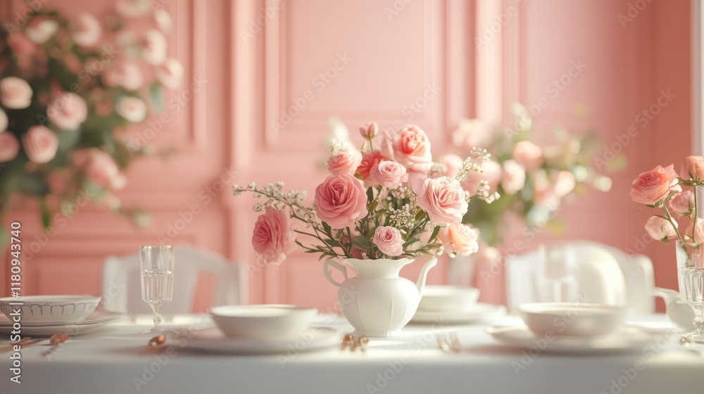 Pink roses centerpiece, elegant table setting, pink wall, wedding Pink roses centerpiece, elegant table setting, pink wall, wedding