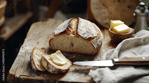 A loaf of bread with butter on a wooden table. generated using AI