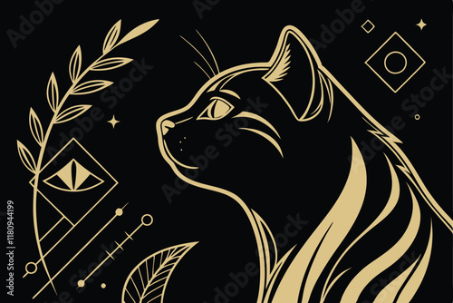 Gold metallic cat profile, sleek lines, minimalist design, black background, luxury logo, elegant feline illustration, shiny gold texture, stylized whiskers, sharp edges, contoured silhouette, high co