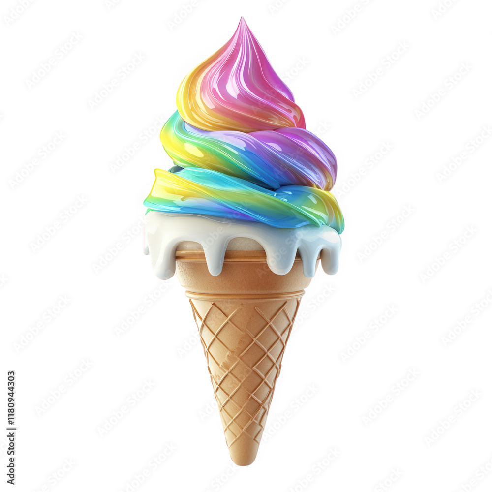 colorful ice cream cone topped with a swirl of vibrant rainbow-colored soft serve. drizzled with white cream. set against a plain background it represents a fun and indulgent treat. appealing to those colorful ice cream cone topped with a swirl of vibrant rainbow-colored soft serve. drizzled with white cream. set against a plain background it represents a fun and indulgent treat. appealing to those