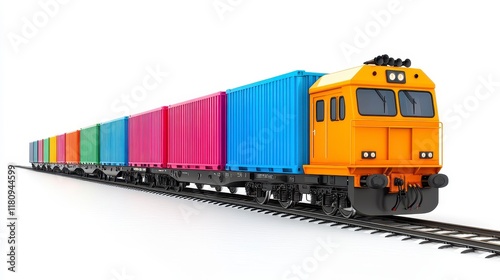 Colorful cargo train on tracks, isolated on white.