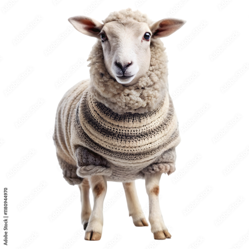 Fototapeta premium sheep in a cozy knitted wool sweater on transparent background