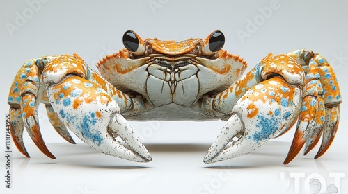 Colorful crab with orange, white, and blue spots on a white background. photo