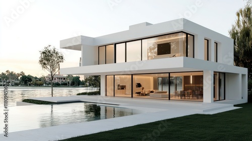 Modern home with sleek white walls, large glass windows, and views of a peaceful Spanish garden.