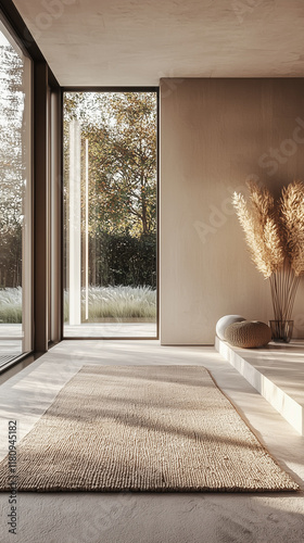 Modern interior with large glass windows, textured rug, and decorative dried plants in natural sunlight.