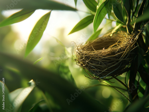 close up of bird nest in tree, symbolizing nature beauty and life photo