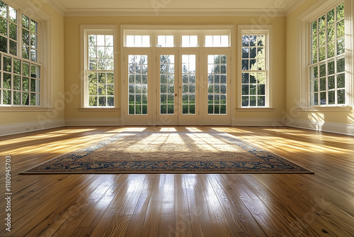 Bright living room with large windows, elegant rug, and wooden flooring illuminated by sunlight.