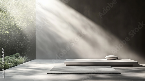 Minimalist interior with soft natural light, textured rug, and modern platform seating.