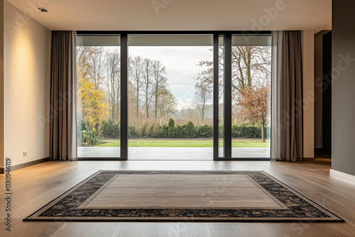 Modern living room with floor-to-ceiling glass windows, elegant rug, and natural outdoor view.