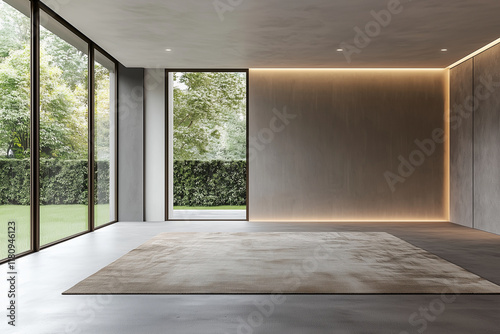 Modern minimalist living room with large glass windows, neutral rug, and ambient lighting.