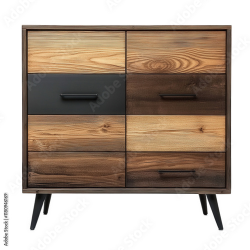 modern wooden dresser with a combination of light and dark wood finishes. showcasing six drawers with sleek black handles the dresser's design emphasizes a contemporary aesthetic. making it suitable f photo