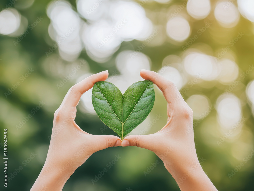 Hands forming heart shape around green leaf, symbolizing nature beauty Hands forming heart shape around green leaf, symbolizing nature beauty