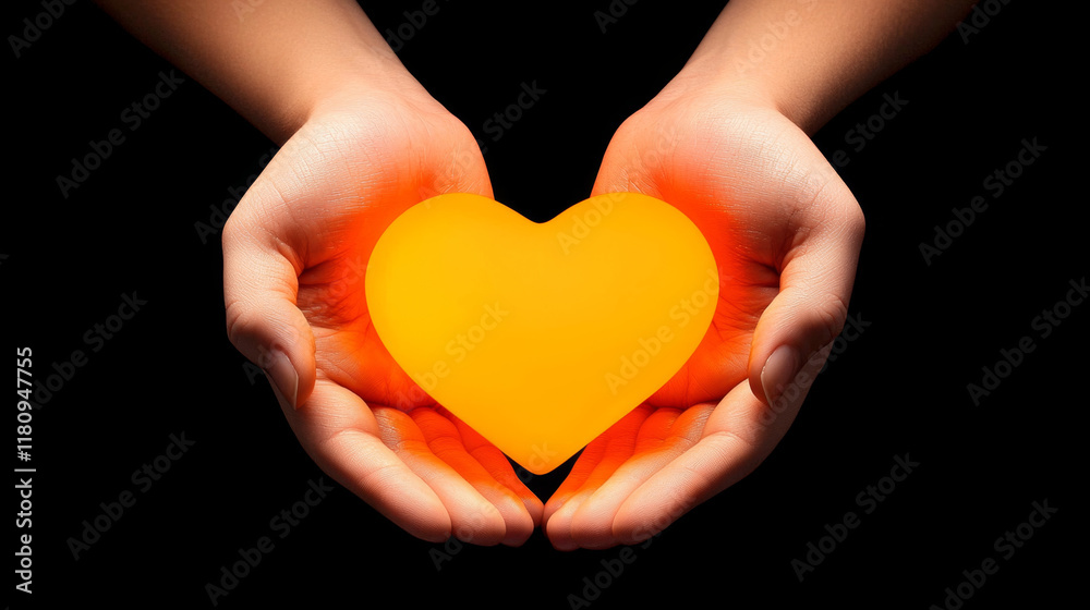 Fototapeta premium Glowing heart held in hands symbolizes care and compassion