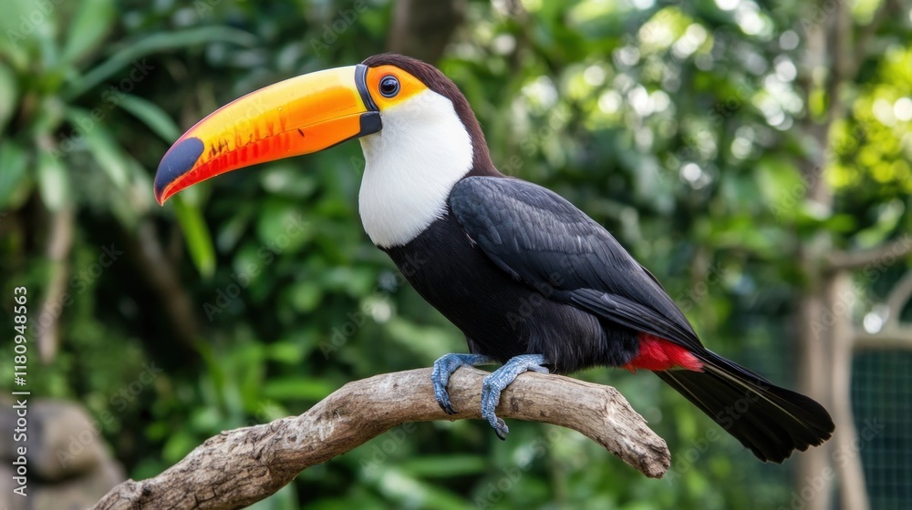 Toucans perched on a tree branch, vibrant colors against a green backdrop Toucans perched on a tree branch, vibrant colors against a green backdrop