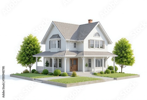 Two story white house with gray roof and landscaping